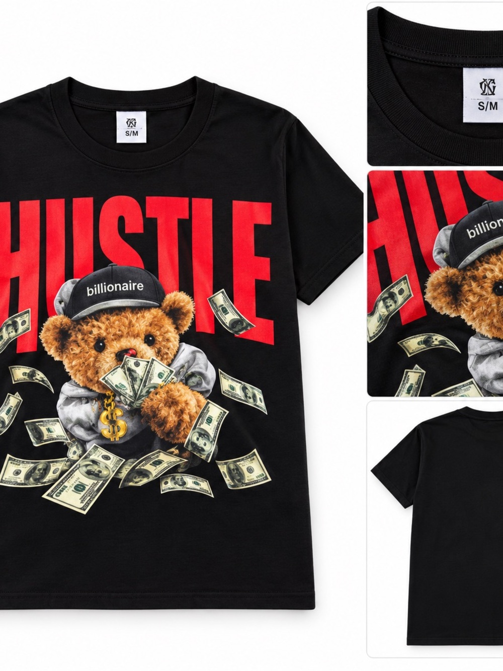 Black grapy t-shirt featuring a bold red hustle teddy bear wearing a billionair